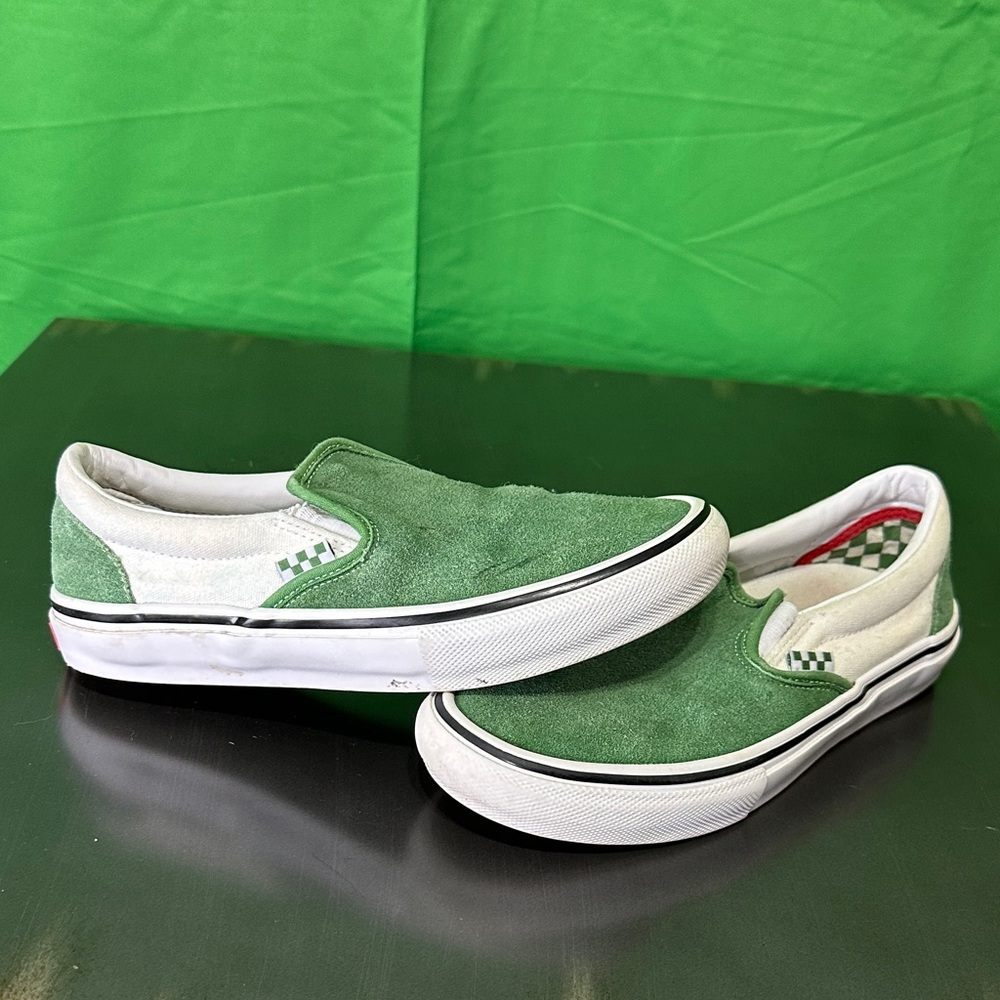 VANS POPCUSH Green and White Slip-Ons. Good Condition